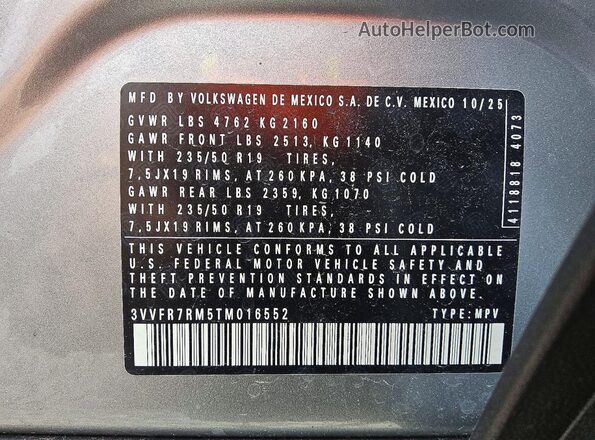 3VVFR7RM5TM016552 2026 VOLKSWAGEN TIGUAN Silver 