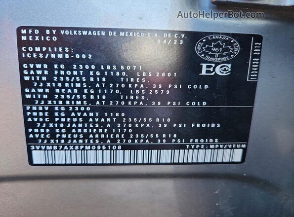 3VVMB7AX8PM095108 2023 VOLKSWAGEN TIGUAN Silver 