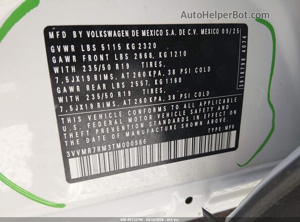 3VVMR7RM3TM000986 2026 VOLKSWAGEN TIGUAN White ძრავის განყოფილების ხედი