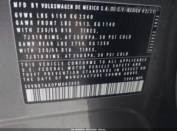 3VVNB7AX0PM063855 2023 VOLKSWAGEN TIGUAN Gray Engine compartment view
