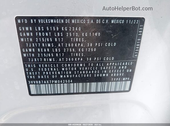 3VVRB7AX7PM042504 2023 VOLKSWAGEN TIGUAN White Engine compartment view