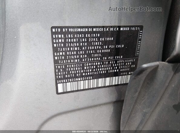 3VVRX7B23NM031856 2022 VOLKSWAGEN TAOS Silver Вид підкапотного простору