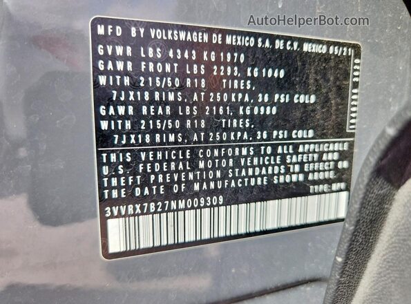 3VVRX7B27NM009309 2022 VOLKSWAGEN TAOS Gray 