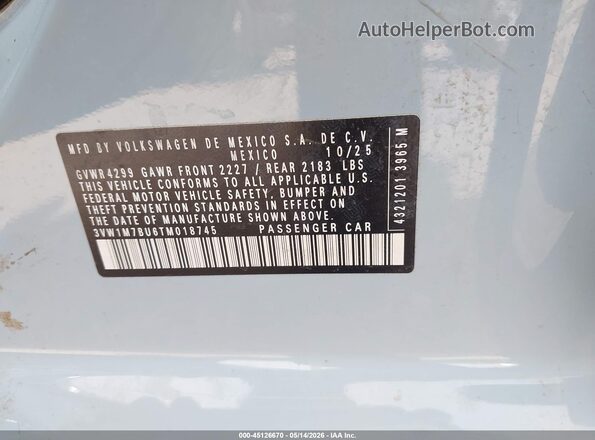 3VW1M7BU6TM018745 2026 VOLKSWAGEN JETTA Light Blue Vista del compartimento del motor