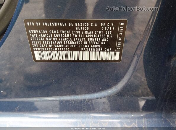 3VW2B7AJ0HM414002 2017 VOLKSWAGEN JETTA Blue Շարժիչի բաժամունքի տեսք