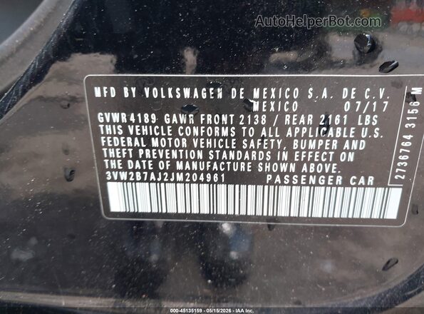 3VW2B7AJ2JM204961 2018 VOLKSWAGEN JETTA Black Շարժիչի բաժամունքի տեսք