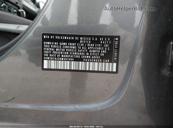 3VW2B7AJ3HM367404 2017 VOLKSWAGEN JETTA Gray ძრავის განყოფილების ხედი