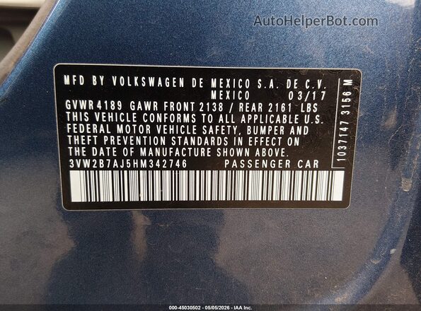 3VW2B7AJ5HM342746 2017 VOLKSWAGEN JETTA Blue 
