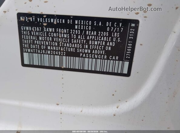 3VW4T7AJ6JM204922 2018 VOLKSWAGEN JETTA Белый Вид подкапотного пространства
