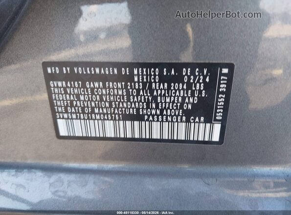3VW5M7BU1RM045751 2024 VOLKSWAGEN JETTA Gray Շարժիչի բաժամունքի տեսք