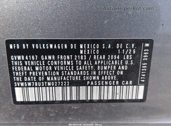 3VW5W7BU3TM027222 2026 VOLKSWAGEN JETTA Silver Շարժիչի բաժամունքի տեսք
