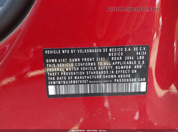 3VW7M7BU3RM076587 2024 VOLKSWAGEN JETTA Красный Вид подкапотного пространства