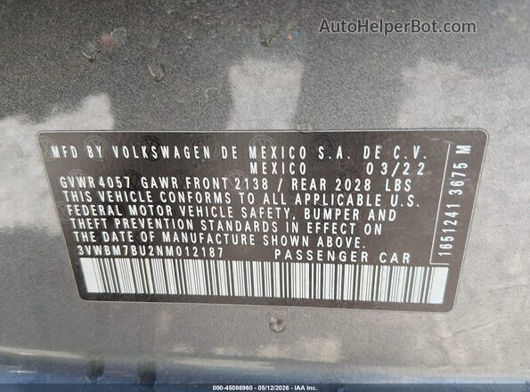 3VWBM7BU2NM012187 2022 VOLKSWAGEN JETTA Gray Вид підкапотного простору