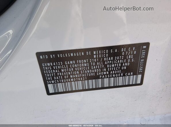 3VWC57BU0KM076421 2019 VOLKSWAGEN JETTA Белый Вид подкапотного пространства