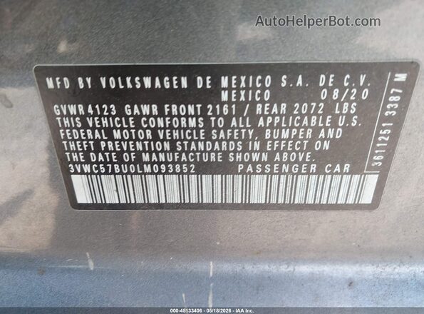 3VWC57BU0LM093852 2020 VOLKSWAGEN JETTA Gray 
