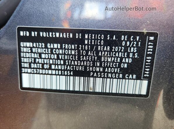 3VWC57BU0MM081654 2021 VOLKSWAGEN JETTA Серый 