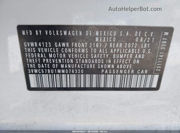 3VWC57BU1MM076320 2021 VOLKSWAGEN JETTA White 