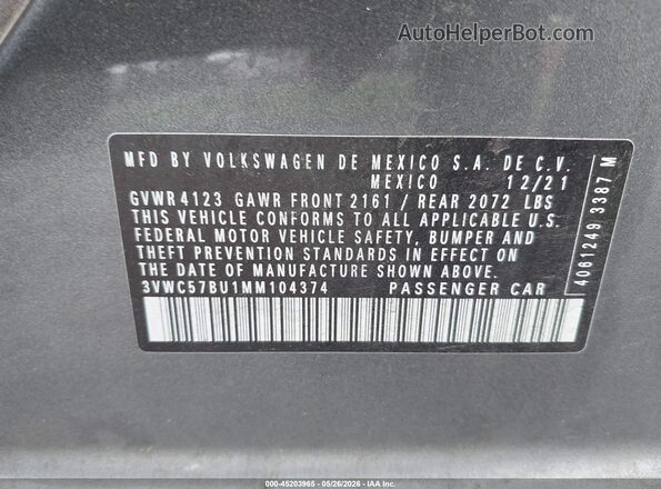 3VWC57BU1MM104374 2021 VOLKSWAGEN JETTA Gray Вид підкапотного простору