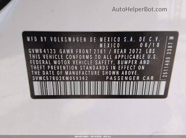 3VWC57BU2KM059362 2019 VOLKSWAGEN JETTA Белый 