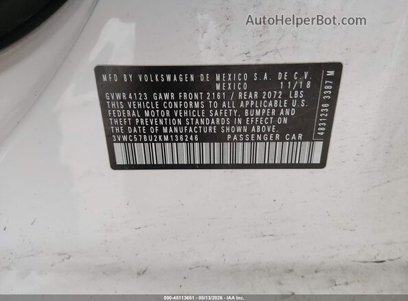 3VWC57BU2KM136246 2019 VOLKSWAGEN JETTA White Engine compartment view