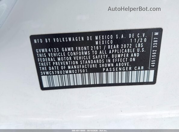 3VWC57BU2MM027501 2021 VOLKSWAGEN JETTA Белый Вид подкапотного пространства