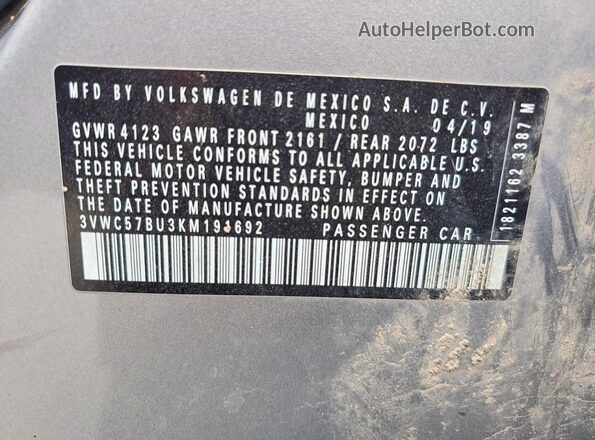 3VWC57BU3KM191692 2019 VOLKSWAGEN JETTA Серебряный 