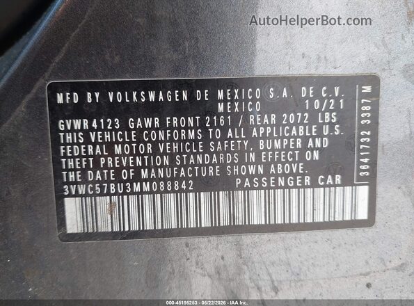 3VWC57BU3MM088842 2021 VOLKSWAGEN JETTA Gray ძრავის განყოფილების ხედი