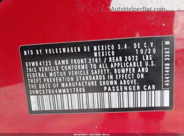 3VWC57BU4MM017505 2021 VOLKSWAGEN JETTA Red ძრავის განყოფილების ხედი