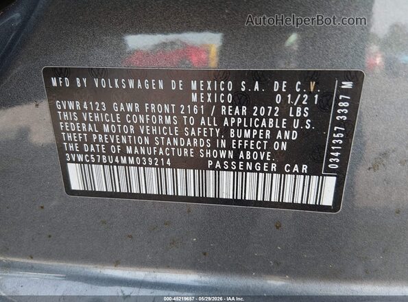 3VWC57BU4MM039214 2021 VOLKSWAGEN JETTA Gray ძრავის განყოფილების ხედი