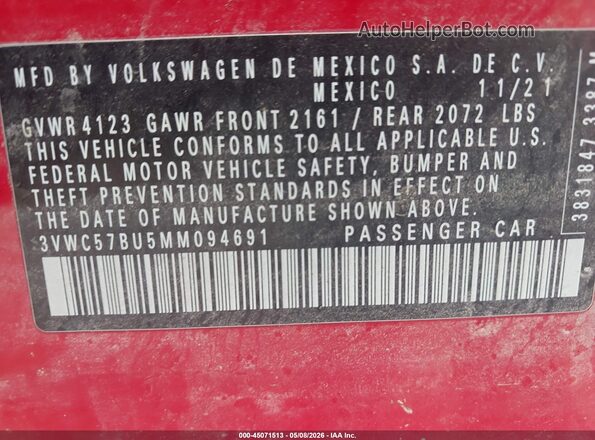 3VWC57BU5MM094691 2021 VOLKSWAGEN JETTA Красный Вид подкапотного пространства