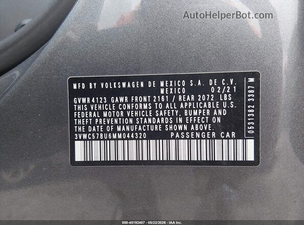 3VWC57BU6MM044320 2021 VOLKSWAGEN JETTA Gray Вид підкапотного простору