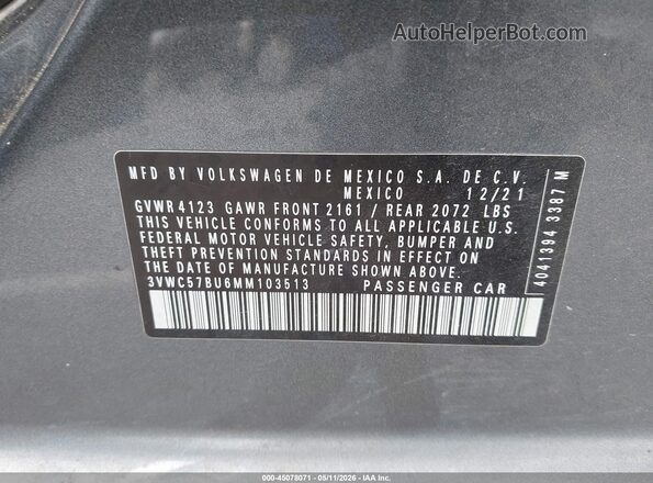 3VWC57BU6MM103513 2021 VOLKSWAGEN JETTA Gray Вид підкапотного простору