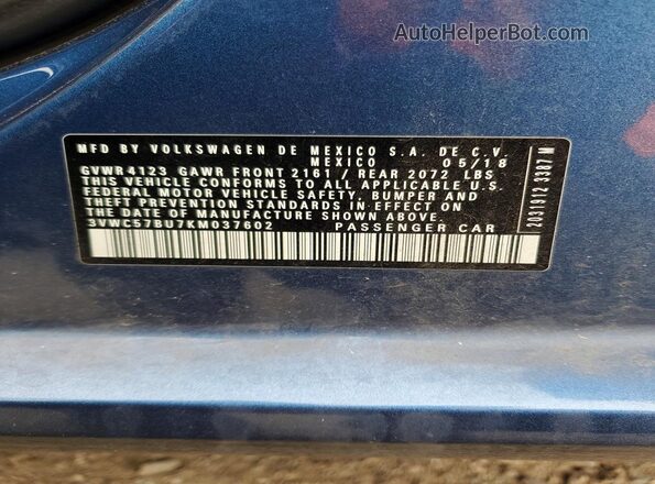 3VWC57BU7KM037602 2019 VOLKSWAGEN JETTA Blue Widok naklejki z numerem VIN