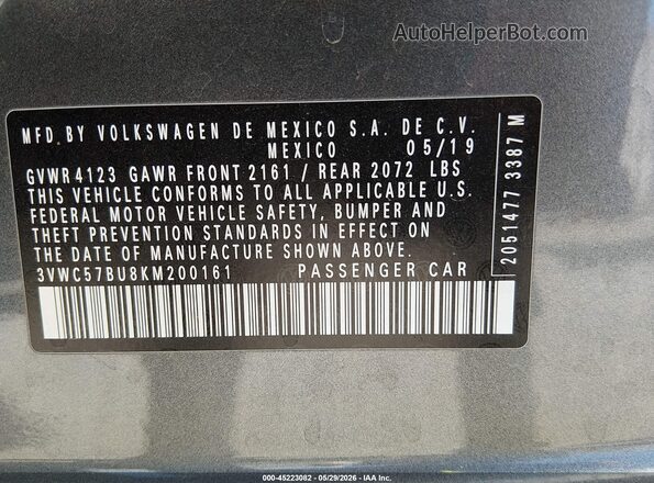 3VWC57BU8KM200161 2019 VOLKSWAGEN JETTA Gray Շարժիչի բաժամունքի տեսք