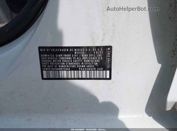 3VWC57BU8MM072944 2021 VOLKSWAGEN JETTA White ძრავის განყოფილების ხედი