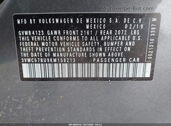 3VWC57BU9KM158213 2019 VOLKSWAGEN JETTA Серый Вид подкапотного пространства