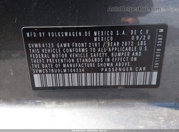 3VWC57BU9LM104234 2020 VOLKSWAGEN JETTA Gray Widok komory silnika