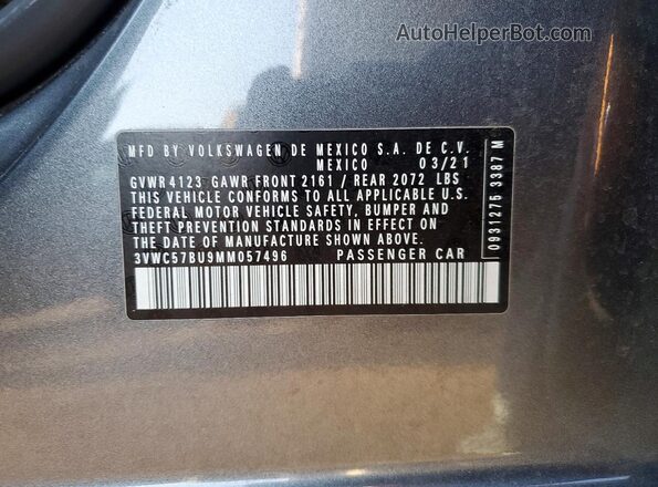 3VWC57BU9MM057496 2021 VOLKSWAGEN JETTA Gray 