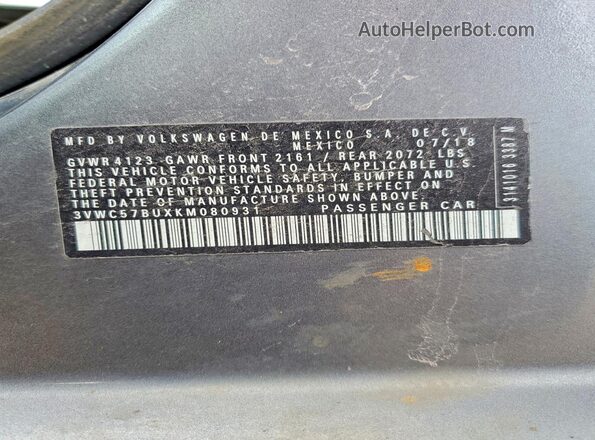 3VWC57BUXKM080931 2019 VOLKSWAGEN JETTA Gray 