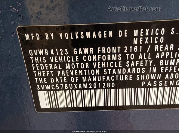 3VWC57BUXKM201280 2019 VOLKSWAGEN JETTA Blue Widok komory silnika