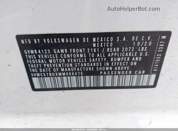 3VWC57BUXMM006475 2021 VOLKSWAGEN JETTA White Widok komory silnika