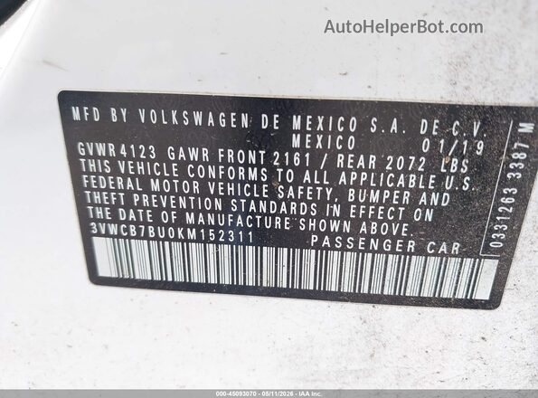 3VWCB7BU0KM152311 2019 VOLKSWAGEN JETTA White Вид підкапотного простору