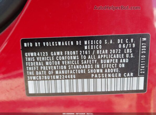 3VWCB7BU1KM224486 2019 VOLKSWAGEN JETTA Красный Вид подкапотного пространства