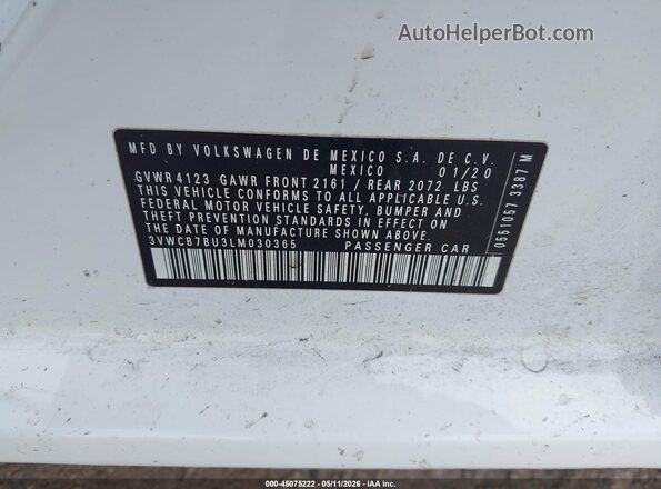 3VWCB7BU3LM030365 2020 VOLKSWAGEN JETTA White Engine compartment view