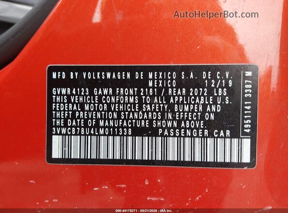 3VWCB7BU4LM011338 2020 VOLKSWAGEN JETTA Orange Շարժիչի բաժամունքի տեսք