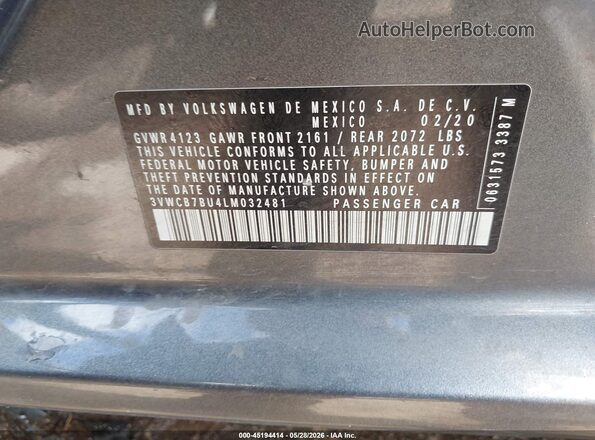 3VWCB7BU4LM032481 2020 VOLKSWAGEN JETTA Gray ძრავის განყოფილების ხედი
