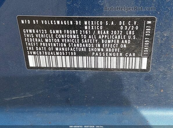 3VWCB7BU4LM057199 2020 VOLKSWAGEN JETTA Blue ძრავის განყოფილების ხედი