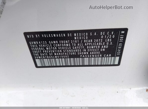 3VWCB7BU5LM019092 2020 VOLKSWAGEN JETTA White Вид підкапотного простору