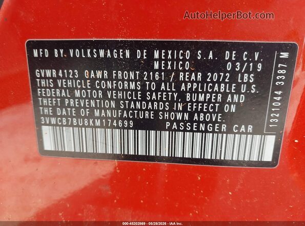 3VWCB7BU8KM174699 2019 VOLKSWAGEN JETTA Orange Вид підкапотного простору