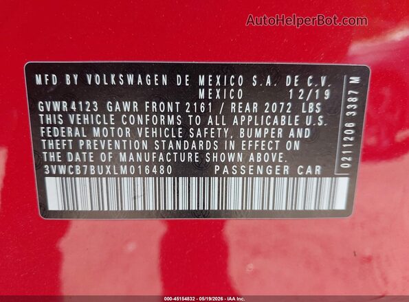3VWCB7BUXLM016480 2020 VOLKSWAGEN JETTA Red 